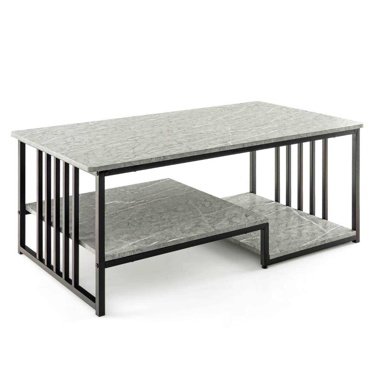 Table Basse en Faux Marbre Table Centrale Rectangulaire à 2 Niveaux avec Étagère de Rangement Ouvert