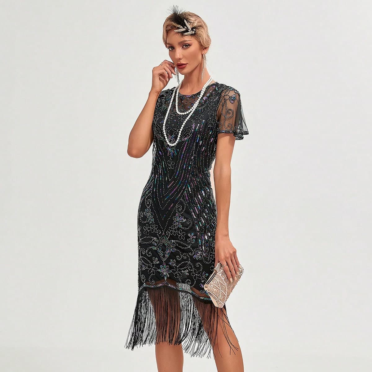 Robe De Cocktail À Franges En Maille À Manches Courtes Et À Paillettes Vintages Des Années 1920 Pour Femme