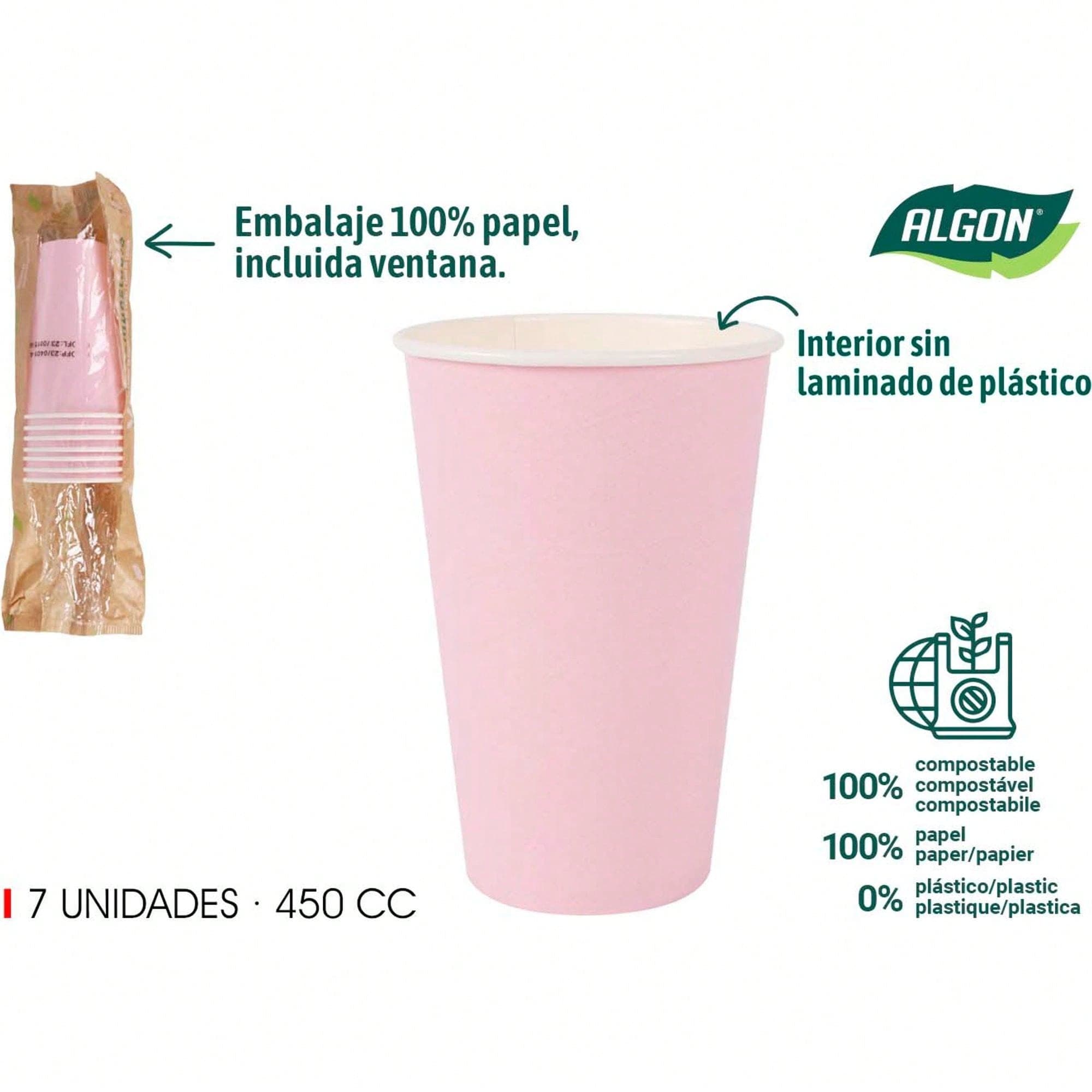 | ENSEMBLE DE Gobelet en carton 7 UNITÉS COULEUR ROSE BÉBÉ 450CC