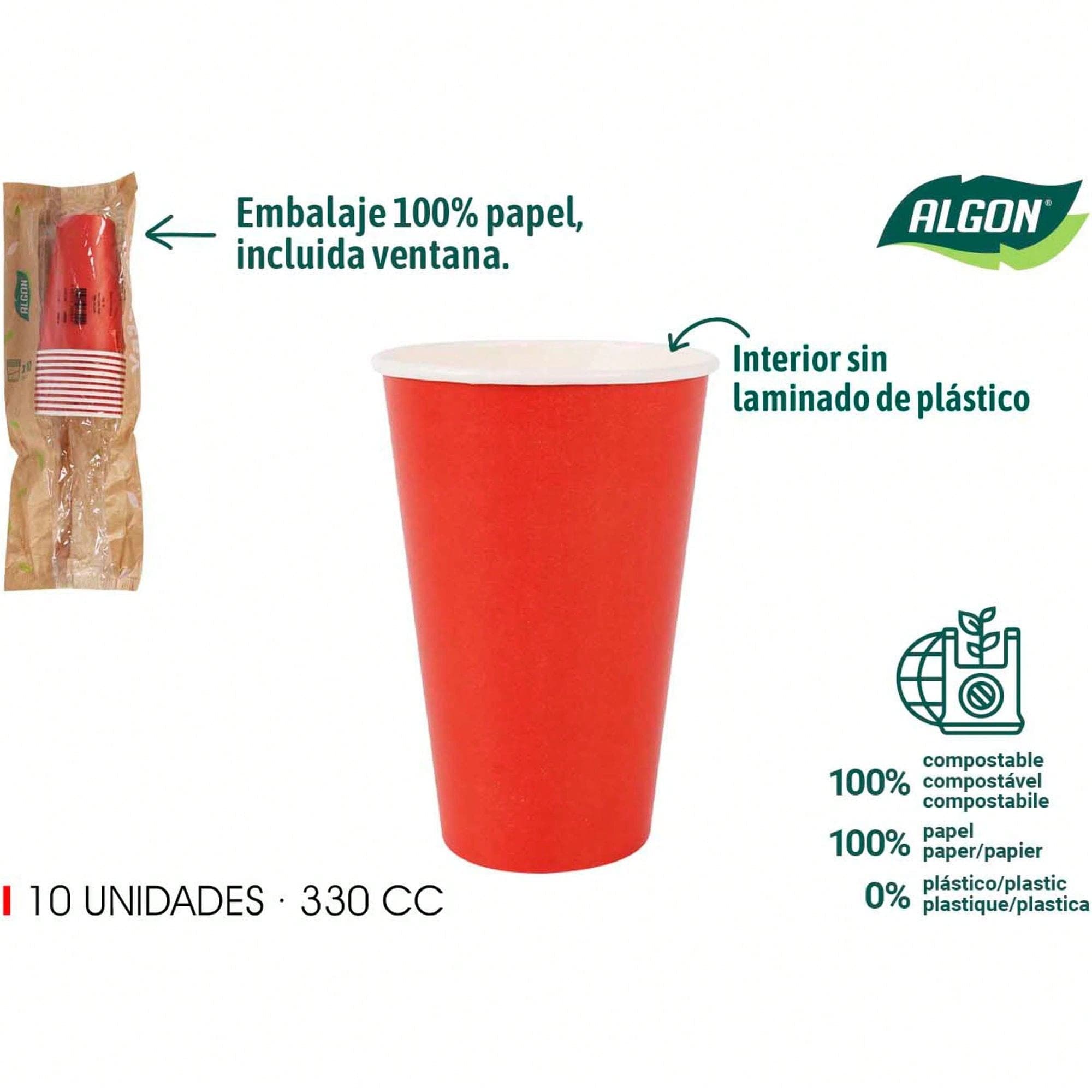 |ENSEMBLE DE GOBELETS EN CARTON 10 UNITÉS COULEUR ROUGE 330CC