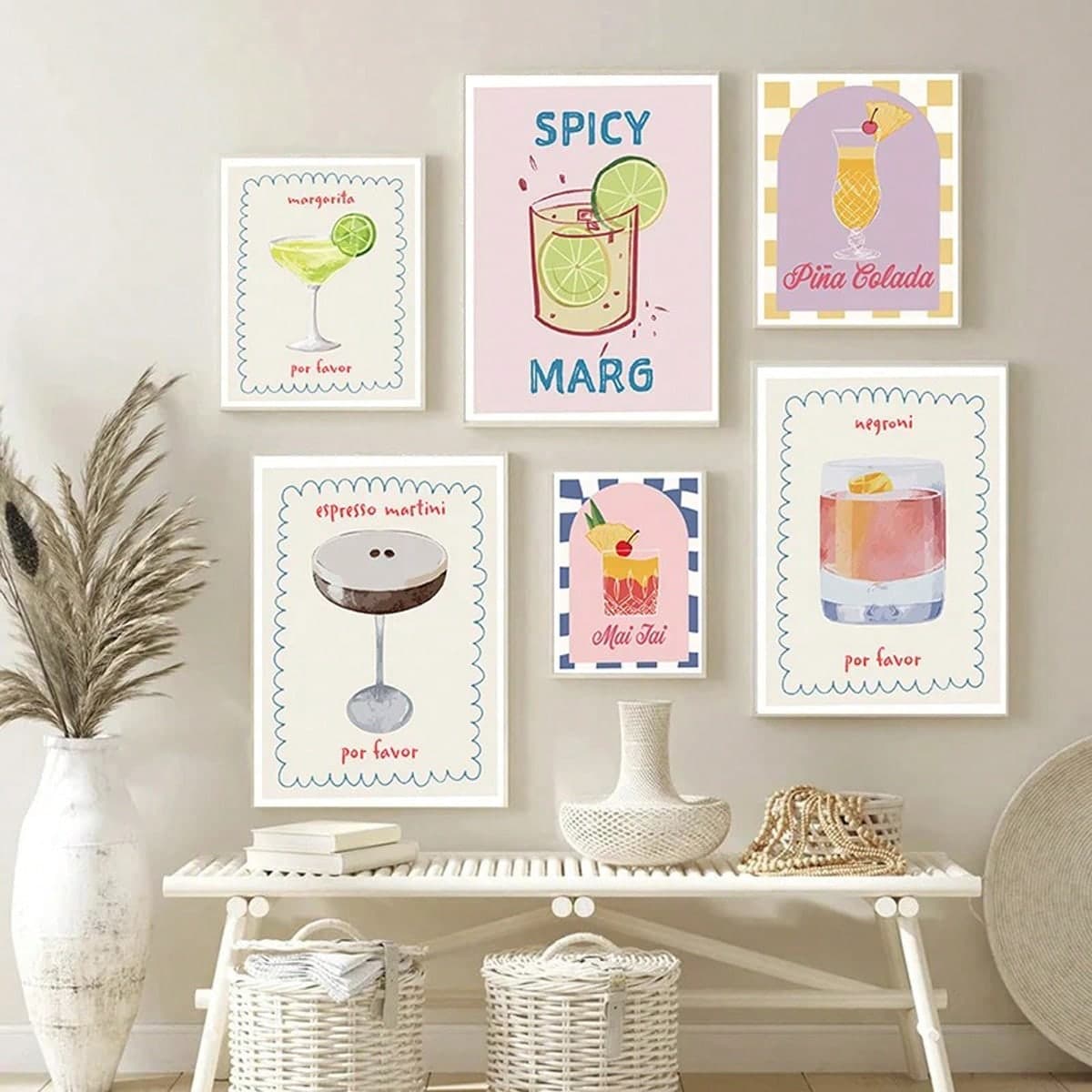 1 pièce Affiche Picante Colada Dry Martini Cocktail non encadrée, image murale tendance de peinture sur canevas pour la décoration de salon de bar