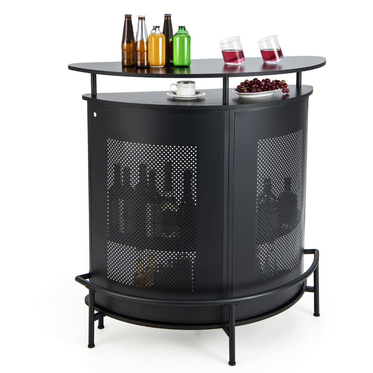 CostwayBar à Domicile Table de Bar à 4 Niveaux avec Etagères et 3 Supports à Verres à Pied Comptoir Incurvé Façade en Métal Perforé Noir