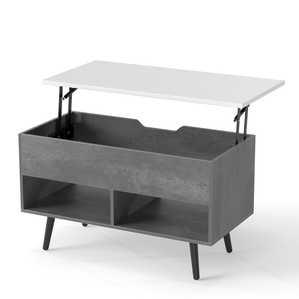 CostwayTable Basse Relevable avec 2 Compartiments et Rangement Caché Table de Salon à Pieds en Bois de Pin avec Levage Pneumatique Gris