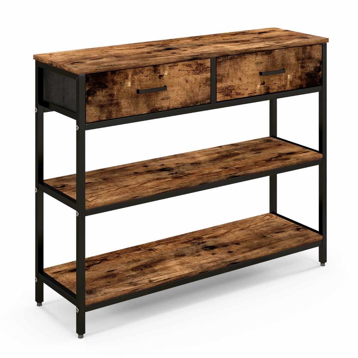 Table de Console Industrielle 3 Niveaux 2 Tiroirs 100 x 30 x 80cm Cadre en Métal Marron Rustique