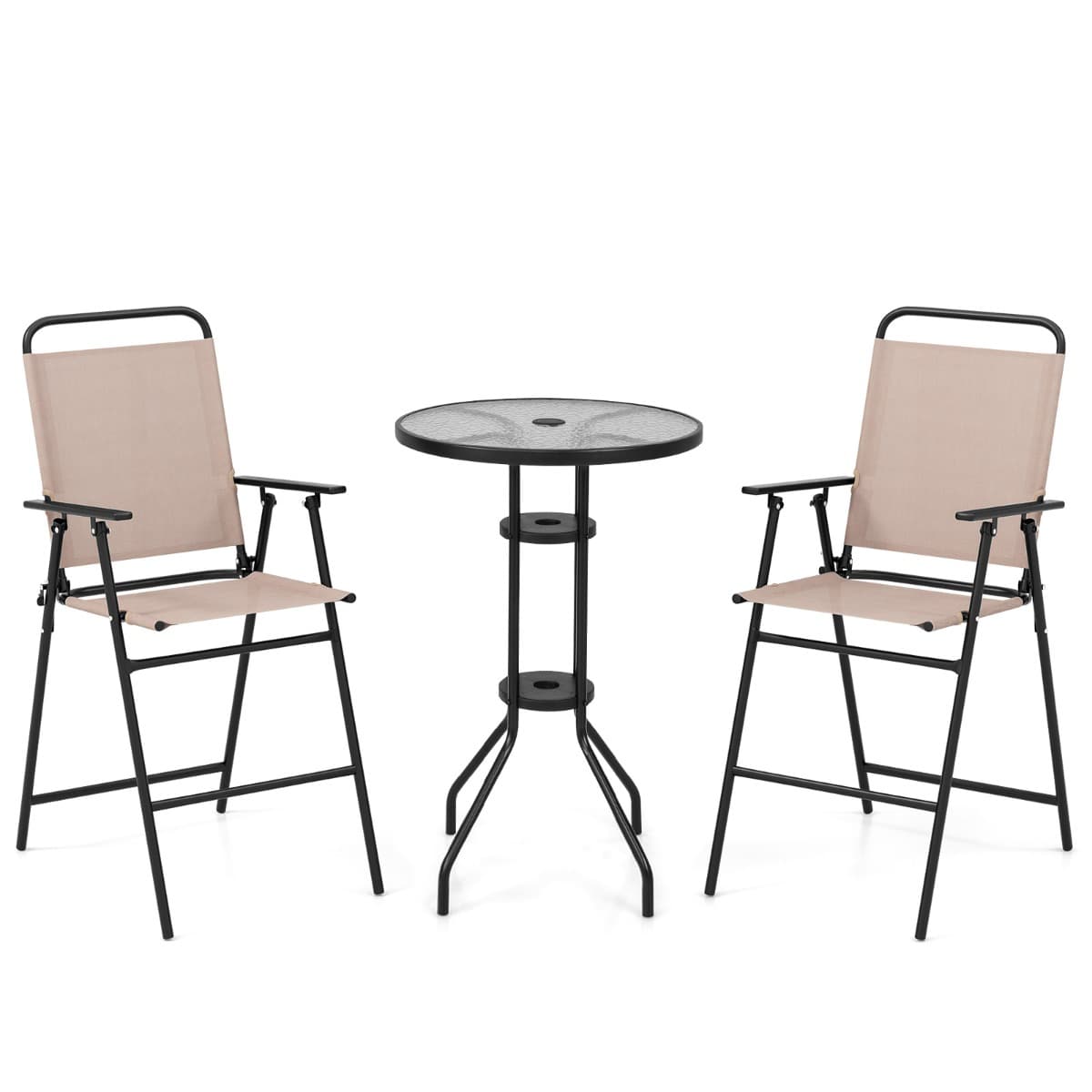 Costway3PCS Salon de Jardin 2 Chaises de Jardin Pliantes Table Basse Ronde en Verre Trempé Bistro Terrasse Piscine Beige